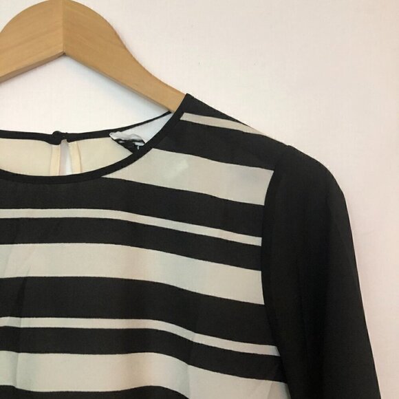 BAR III Black Cream Stripe 3/4 Sleeve High Low Hi-Lo Polyester Sheer Blouse Top - Picture 2 of 7
